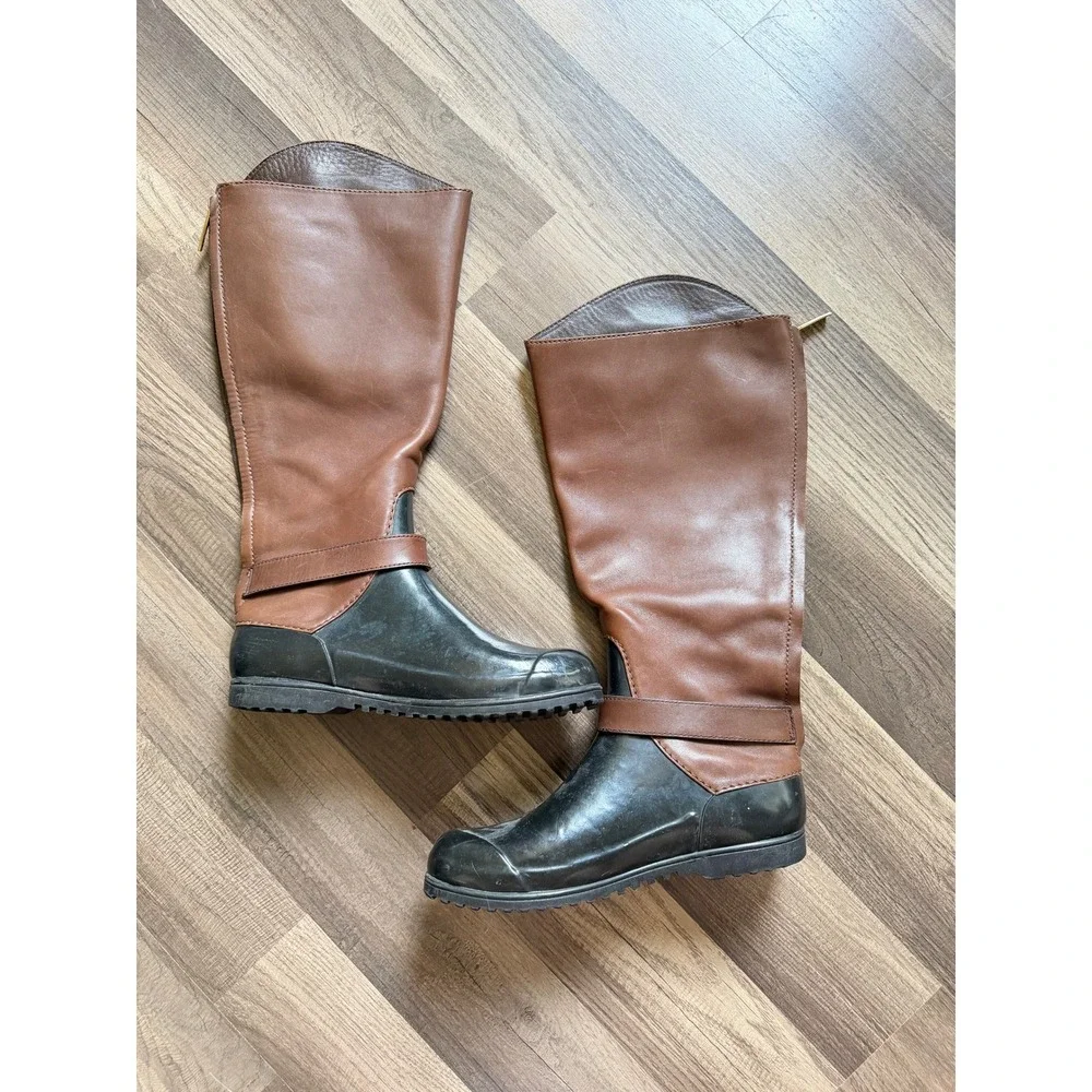 Tory Burch Rain Boots Womens Brown Black Good Tall Leather Rubber Logo Buckle